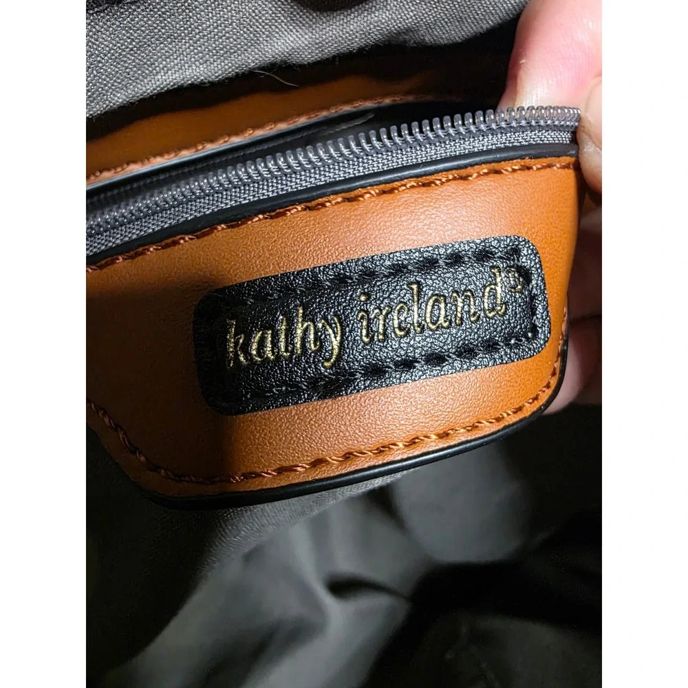 832 Kathy Ireland Grey Brown Faux Leather Satchel Crossbody Bag Gold Hardware